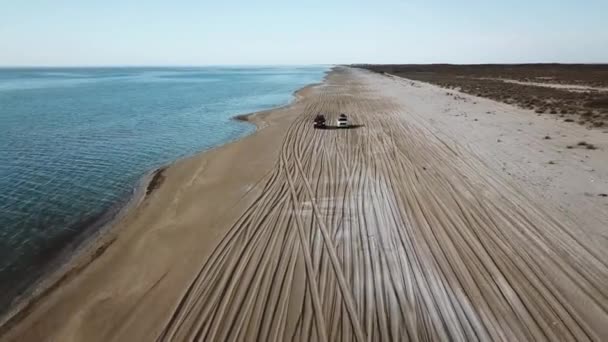 Biler kjører langs sandstranden og lager vannspray. Utsikt fra luftfartøy – stockvideo