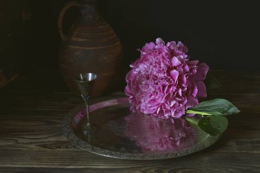 Şakayık ve metal tepside bir parça Elma.