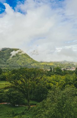 Sabahları sisli panoramik ve doğal manzara. Kolombiya. 