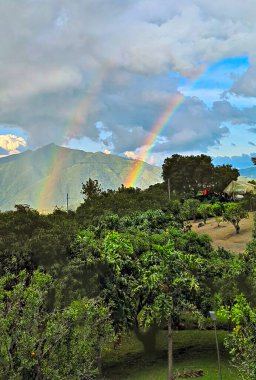 Venedik, Antioquia, Kolombiya 'da yolu ve gökkuşağı olan kırsal alan.