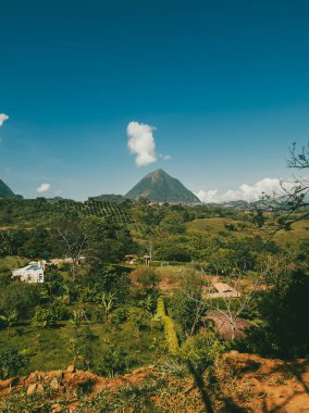 Mavi gökyüzü ve Tusa tepesi manzaralı doğal manzara. Venedik, Antioquia, Kolombiya. 