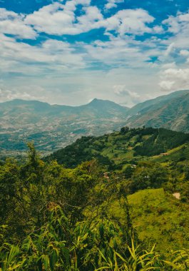 Tarlada bulutlu gökyüzü olan kırsal ve doğal manzara. Palomos Fredonia, Antioquia, Kolombiya.