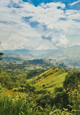 Tarlada bulutlu gökyüzü olan kırsal ve doğal manzara. Palomos Fredonia, Antioquia, Kolombiya.
