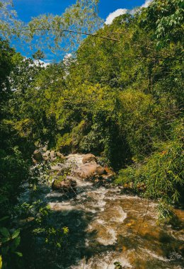 Cartama nehri ve dağlarıyla doğal manzara. Tamesis, Antioquia, Kolombiya.
