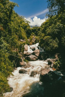 Cartama nehri ve dağlarıyla doğal manzara. Tamesis, Antioquia, Kolombiya.