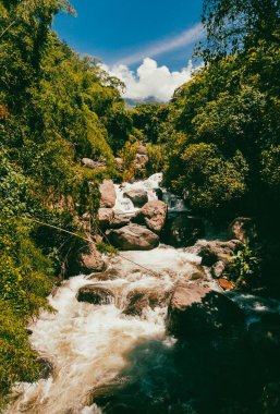 Cartama nehri ve dağlarıyla doğal manzara. Tamesis, Antioquia, Kolombiya.