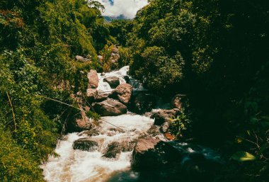 Cartama nehri ve dağlarıyla doğal manzara. Tamesis, Antioquia, Kolombiya.
