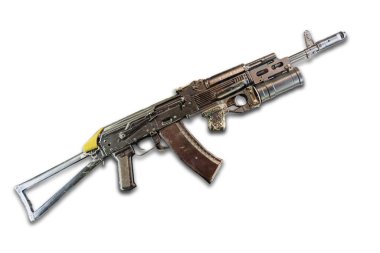 Modern taktik tüfek, genişletilmiş katlanabilir stok, monte raylı düz top alıcısı, flaş susturucu ya da namlu freni, ayarlanabilir gaz bloğu sistemi, boş ya da kullanışsız, düz arka plan,