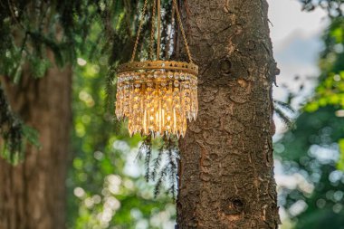 Bir ağaç dalına asılı avize, küçük cam elementler, ruhani ışıltı, yumuşak ışık, ince renk paleti, doğal renkler, sıcak tonlar, nazik gölgeler, derinlik, doku, açık hava dekorasyonu, samimi ben