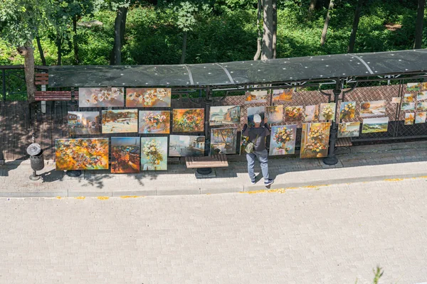 Bir adam, Kyivs Sanatçılar Sokağı 'ndaki renkli resimlerin açık havada sergilendiği bir gösterinin ortasında gündüz vakti bir tepe örtüsünün altında çeşitli konuları ve stilleri gösteriyor.
