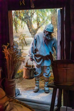 Kırsal bir odada doktorların diyoramalarında bir kişi açık pencereden dışarı bakıyor, çeşitli bitkilerin olduğu bir bahçeye bakıyor Kyiv, Ukrayna 12-24-2023