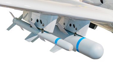 Askeri İHA, Ukrayna kökenli, roketler, uçaklar, FA-18 Hornet savaş jeti, AGM-84D zıpkın füzeleri, açık mavi, beyaz işaretler, silindirik şekil, konik burun, gri uçak, çift kuyruk, tekil kuyruk