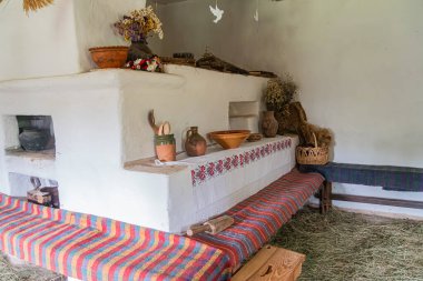 Taştan şöminesi, oturma alanı, dekoratif objeleri ve doğal ışığı olan Rustik Orta Avrupa manzarası.