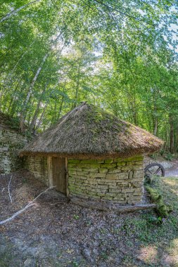 Orta Avrupa 'nın yemyeşil ormanlarında eski taş kulübe, sazdan çatı, taş duvarlar, küçük ön kapı, bulutlu hava