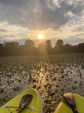Gün batımında bir bataklık gölünde dinlenen kanolar, ön planda karşıt sarı bir kano ve kısmen gizlenmiş başka bir kano.