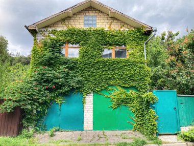 Terk edilmiş iki katlı kırmızı tuğla ev, kenar mahalle ortamında sarmaşık ile kaplanmış, hafif ışıklandırma, harap olmuş çatı, yeşil garaj kapısı, üst pencerelerde panjurlar.