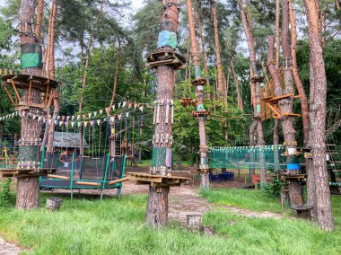 Canlı kozalaklı orman oyun alanı, ahşap yapılar platform, slaytlar, tırmanma çerçeveleri, müzik elementleri, zengin doğal renkler, yumuşak ışıklandırma, panoramik manzara