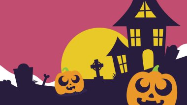 Hoş balkabağı, perili ev silueti, dolunay ve pembe gökyüzüne karşı mezarlık içeren neşeli ve renkli Cadılar Bayramı arkaplan çizimi. Mevsimlik afiş ve Ekim etkinlikleri için ideal.