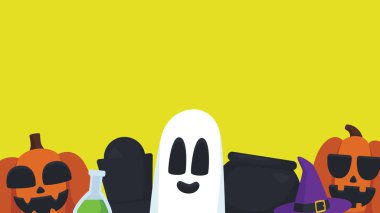 Tatlı Cadılar Bayramı fotokopi alanı arka planında kazan, balkabağı, hayalet, cadı şapkası ve parlak sarı mezar taşı gibi mevsimsel elementler var.