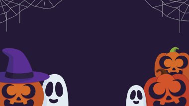 Cadılar Bayramı şablonu arka planında balkabağı ve hayalet gibi tatlı sezonluk karakterlerin olduğu 31 Ekim 'de Cadılar Bayramı' nı kutlamak için ideal koyu mor arka plan..