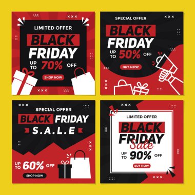 E- ticaret, mevsimlik kampanyalar ve dijital pazarlama varlıkları için kırmızı, siyah ve beyaz renkli bir yığın cesur ve modern Kara Cuma sosyal medya paylaşımı.
