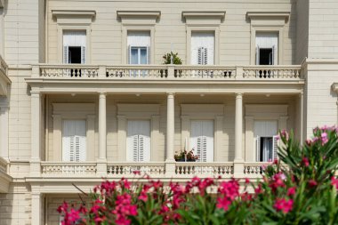 Zarif neoklasik bina cephesi balkonlar, kepenkler ve çiçek açan çiçekler. .
