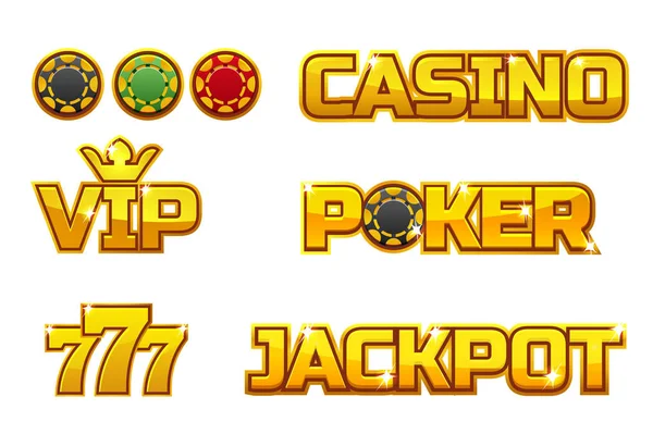 Διάνυσμα σύνολο χρυσό λογότυπο τζάκποτ, πόκερ, 777, καζίνο και Vip. Τσιπ χρυσό παιχνίδι — Διανυσματικό Αρχείο