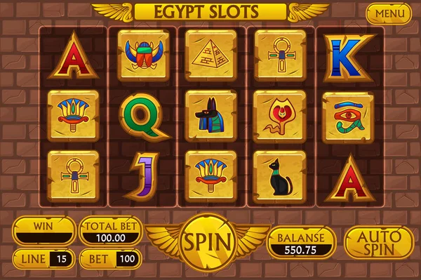 Egyptské pozadí hlavní rozhraní a tlačítka pro kasino slot stroj hry, symboly Egypta — Stockový vektor