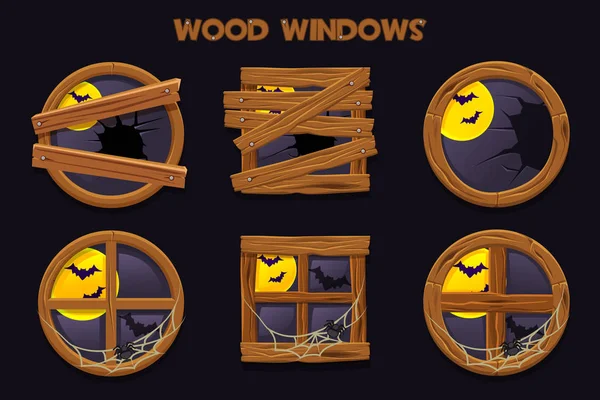 Forma diferente e velhas janelas de madeira quebradas, desenhos animados objetos de construção com teias de aranha e lua cheia . —  Vetores de Stock