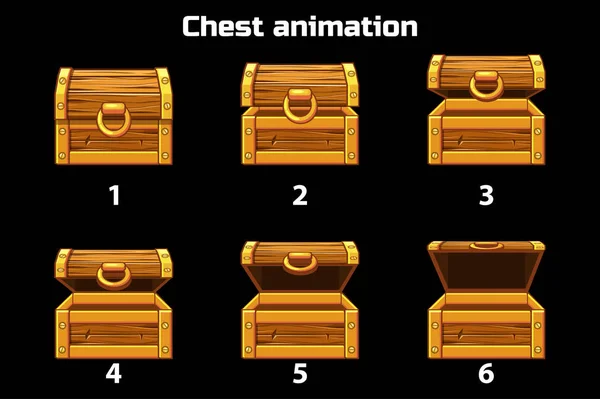 Animatie stapsgewijs open en gesloten houten borst, spel activa — Stockvector