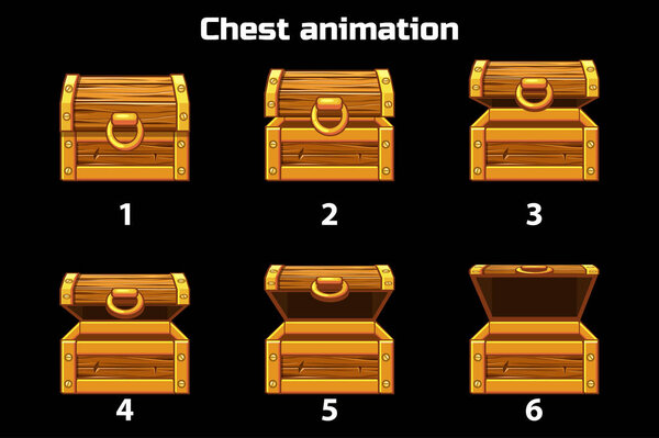 Animation step by step open and closed wooden chest, game assets