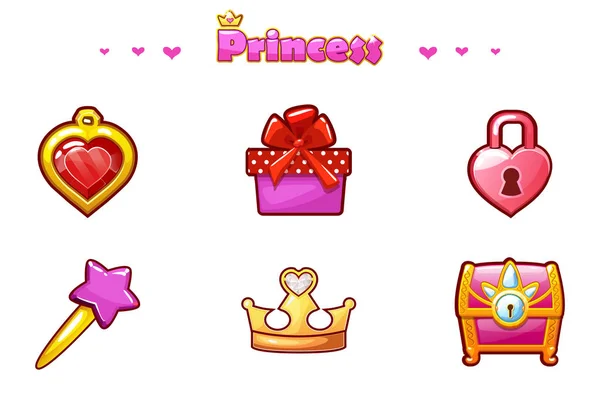 Cartoon prinses iconen, meisjesachtig spel activa instellen — Stockvector