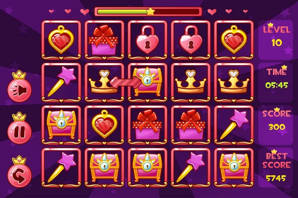 Prenses kız gibi arabirim Match3 Oyunlar ve düğmeler, oyun varlıkları simgeler
