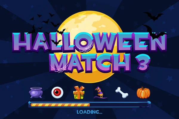 Halloween match3 sullo sfondo. Impostare le icone e il caricamento del gioco, GUI Graphic Assets — Vettoriale Stock