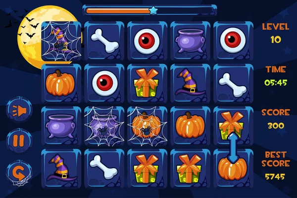 Interface vectorielle Match3 Jeux, icônes et boutons dans le style halloween, GUI Graphic Assets — Image vectorielle