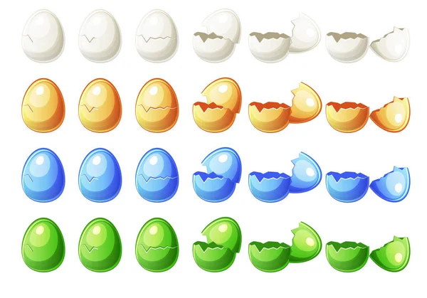 7 Passos animações cores diferentes ovo quebrado no vetor — Vetor de Stock