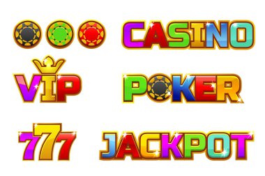 Vektör renkli logo Jackpot, Poker, Casino ve VIP 777 ayarlayın. Altın chips