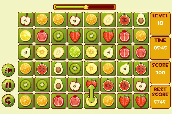 Vektor felület gyümölcs Match3 játék. Különböző gyümölcsök, játék eszközök ikonok — Stock Vector