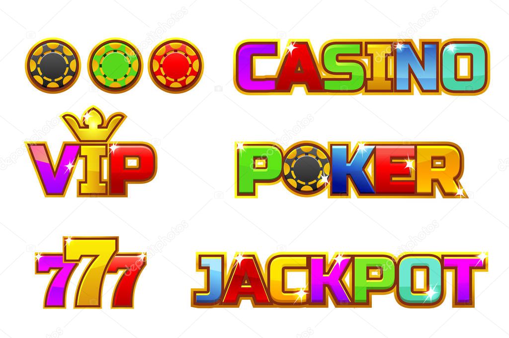 Vector set colorful logo JACKPOT, POKER, 777, CASINO and VIP. Gold play chips