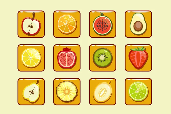 Frutas e bagas diferentes bloqueiam o elemento para o jogo math3 —  Vetores de Stock