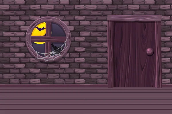 Fialový domu sklep, ilustrace interiéru místnosti se stará okna, dveře a kamenná zeď — Stockový vektor