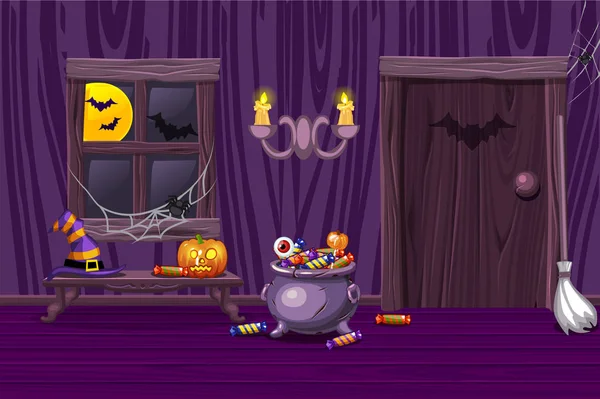 Casa viola, illustrazione interno camera di legno con simboli di Halloween — Vettoriale Stock