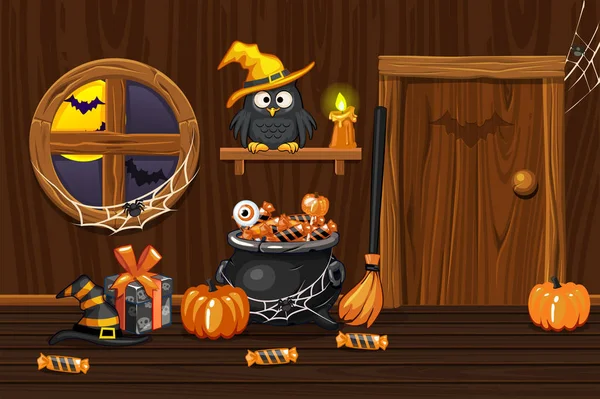 Kellerhaus, Illustration Innenraum Holzraum mit Halloween-Symbolen — Stockvektor