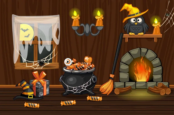 Kellerhaus, Illustration Innenraum Holzraum mit Halloween-Symbolen und Kamin — Stockvektor