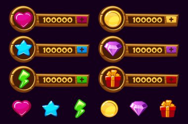 Ahşap çizgi film oyun varlıkları ayarlayın. Vektör öğeleri ve simgeler. Oyun tasarımı için ek panelleri