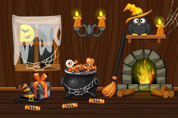 Kellerhaus, Illustration Innenraum Holzraum mit Halloween-Symbolen und Kamin — Stockvektor