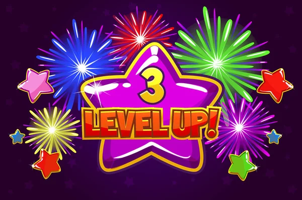 Vektor Level Up banner pro hru Ui. Střílet barevné hvězdy — Stockový vektor