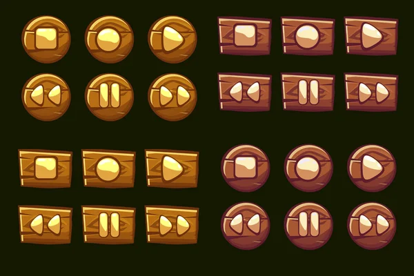 Boutons audio vectoriels en bois. Icônes illustrées du joueur — Image vectorielle