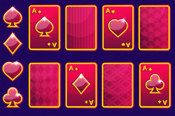 Kreslené, červené čtyři poker herní karty a kartu zpátky. Vektor Gui prvky — Stockový vektor