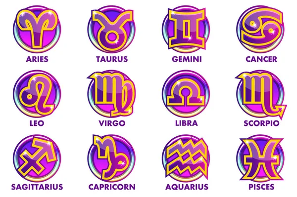 Círculos vectoriales Astrología púrpura Signos, 12 símbolos del zodíaco. Iconos de aplicación para Ui — Vector de stock